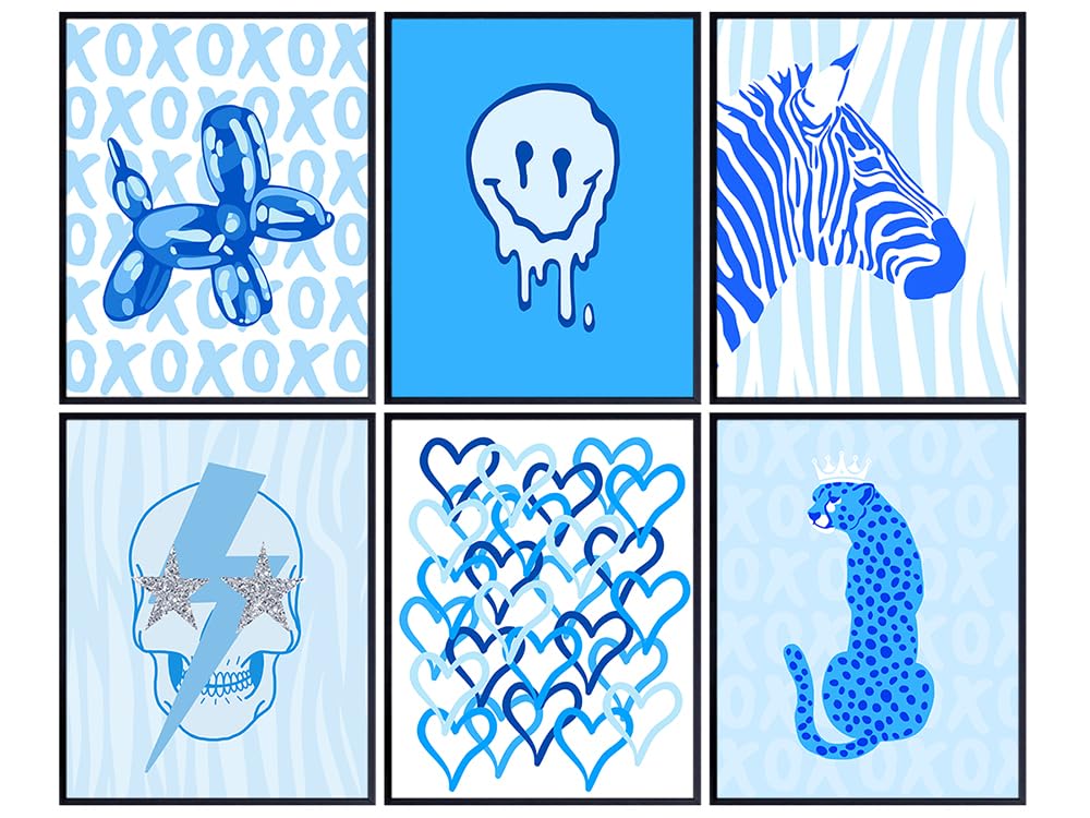 Preppy Room Decor - Aesthetic VSCO Room Decor - Pop art Wall Art - Yellowbird Art &amp; Design Trendy Wall Decor- Cheetah Smiley Face Balloon Dog Skull Poster - Blue Girls Bedroom Decor - Indie Room Decor