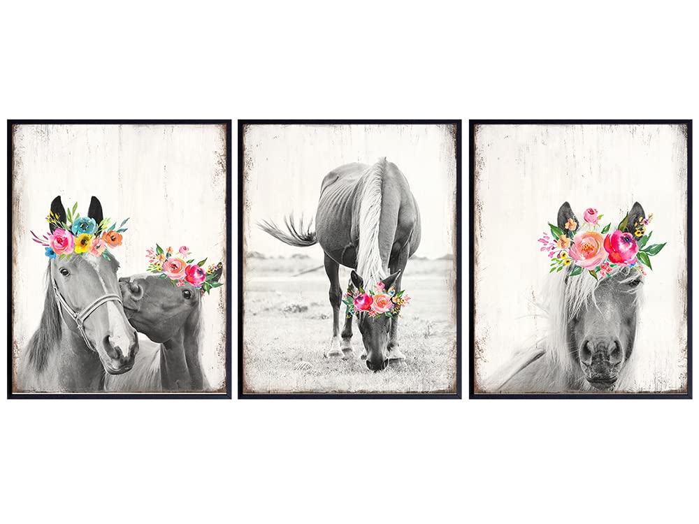 Horses Wall Art &amp; Decor - Horse Wall Art - Horse Decor - Farmhouse Barn Wall Decor for Girls Bedroom Teens Room Living room - Gift for Equestrian Women - Country Western Boho Shabby chic decoration