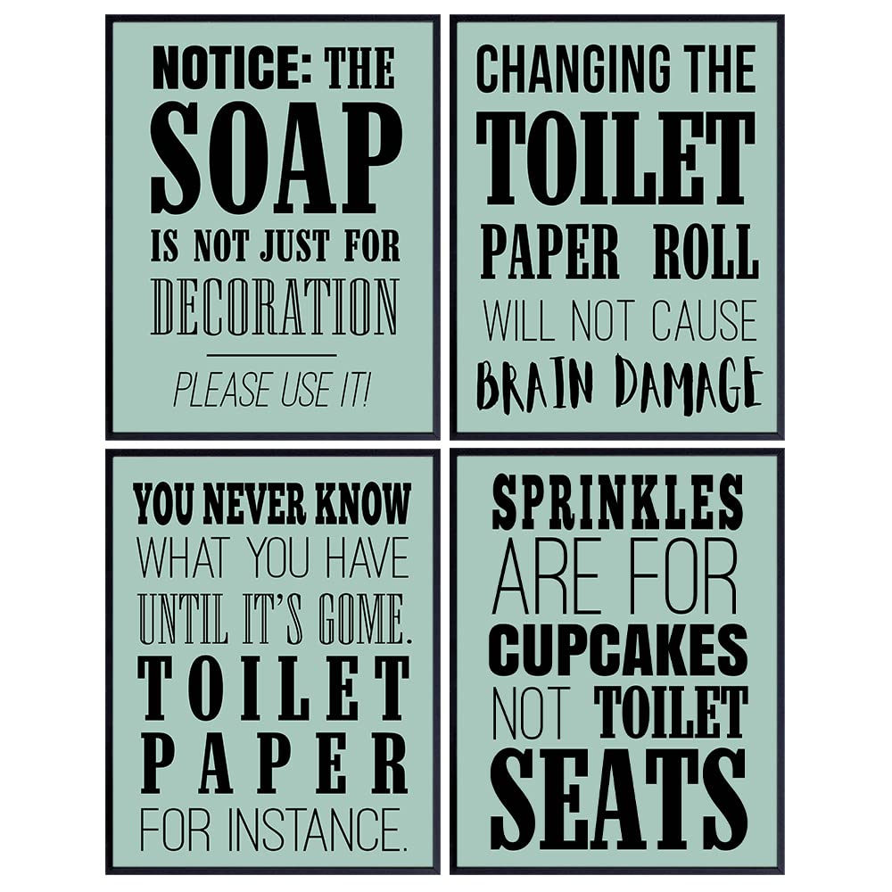 Funny Bathroom Wall Art Decor Print Set - 8x10 Rules Quotes Sayings Graphic Posters - Unique Unframed Artwork Decoration Accessories for Bath - Teal Mint