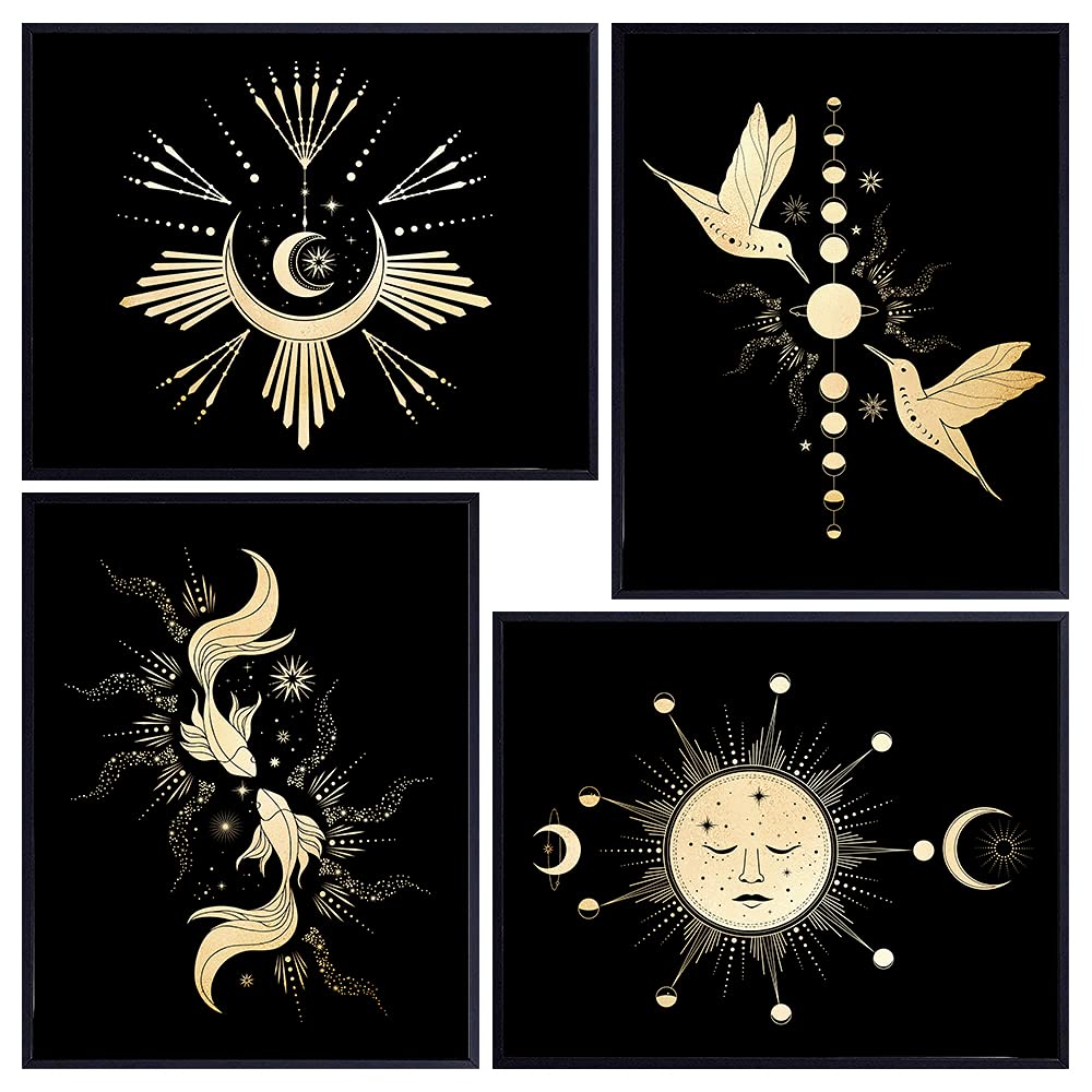 Sun Wall Decor - Moon Wall Decor - Boho Wall Art - Bohemian Wall Decor - Sun Wall Art - Moon Wall Art - Celestial Decor - Black, Gold Wall Decor - Hummingbird Wall Decor - Lunar Wall Decor for Women