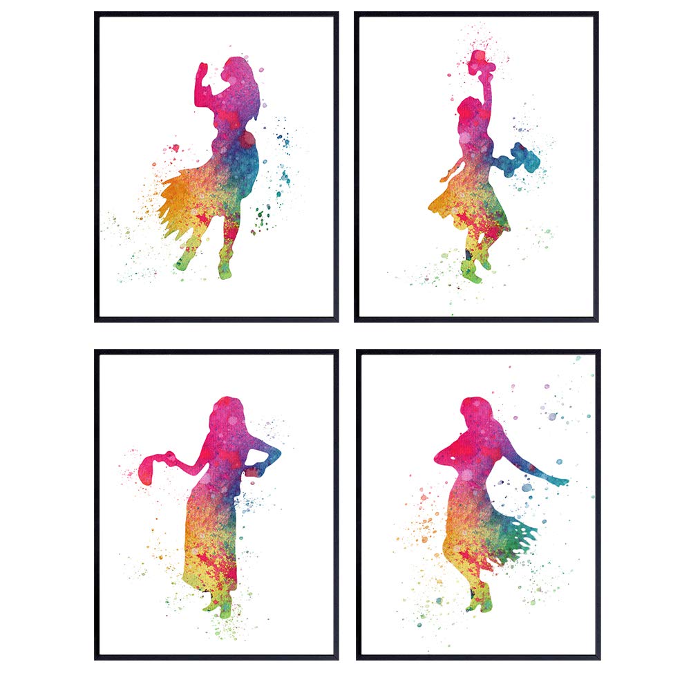 Hula Girl Hawaiian Art - 8x10 Watercolor Wall Art Prints, Tropical Home Decor Set - Chic Unique Gift for Kids or Girls Room, Bedroom - Chic Hawaii Home Decor - Unframed Posters, Prints, Pictures