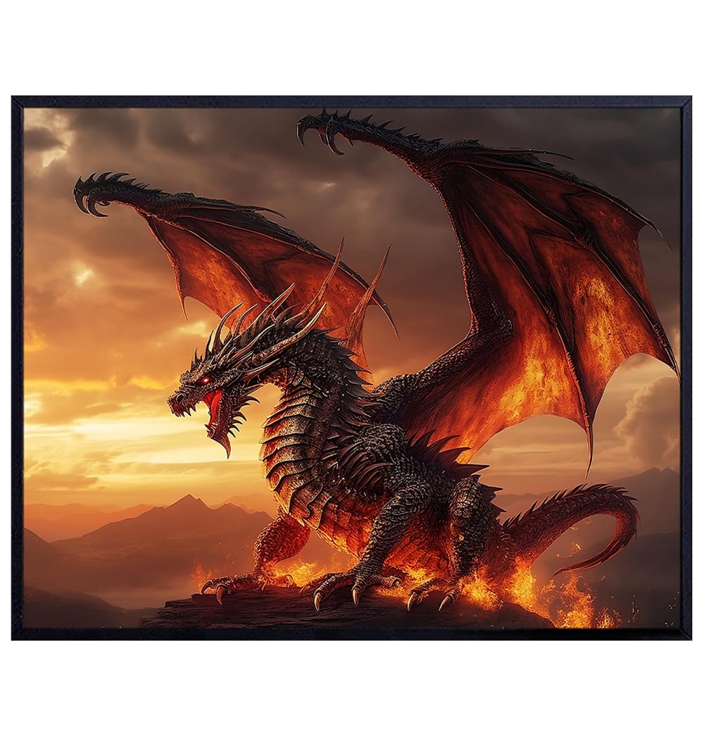 Dragon Art Fantasy Wall Decor - Dragon Wall Art for Boys Room Decor - Gaming Room Decor - Fantasy Art Poster - Boys Bedroom - Sci Fi Wall Decor for Teens, Men, Man - Dragon Decorations