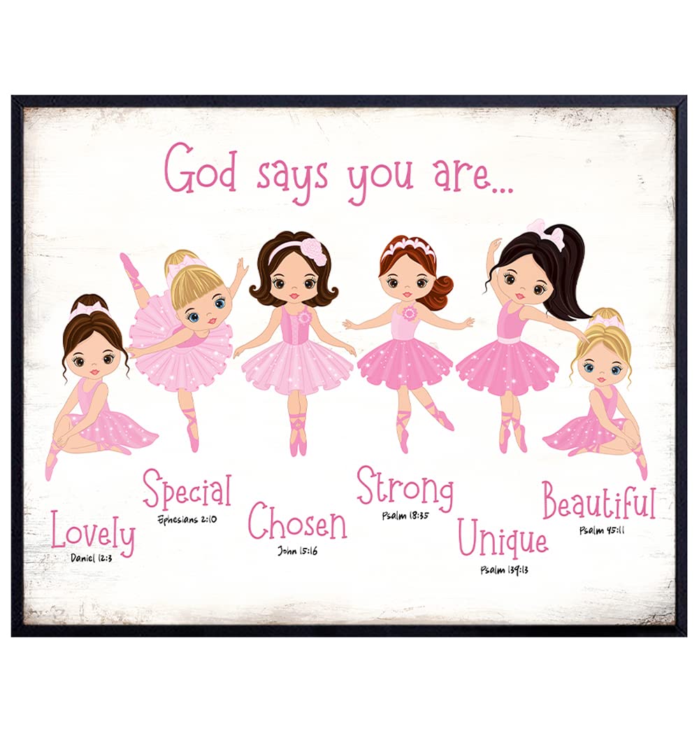 Ballet Nursery Bedroom Wall Art - God Says You Are Bible Verses - Religious Room Decor - Little Girls Toddler Baby Room decoration - Pink Ballerina Daughter Gift - Christianity Religion Poster 8x10