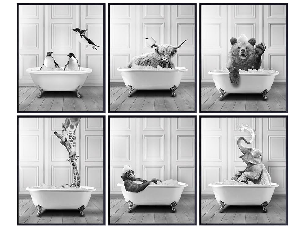 Bathroom Wall Art LARGE 11X14 - Funny Bathroom Decor for Women Kids - Gray Bathroom Pictures - Bath Wall Decor - Bathroom Decorations Accessories - Powder room Sign - Cow Elephant Bear Giraffe Penguin