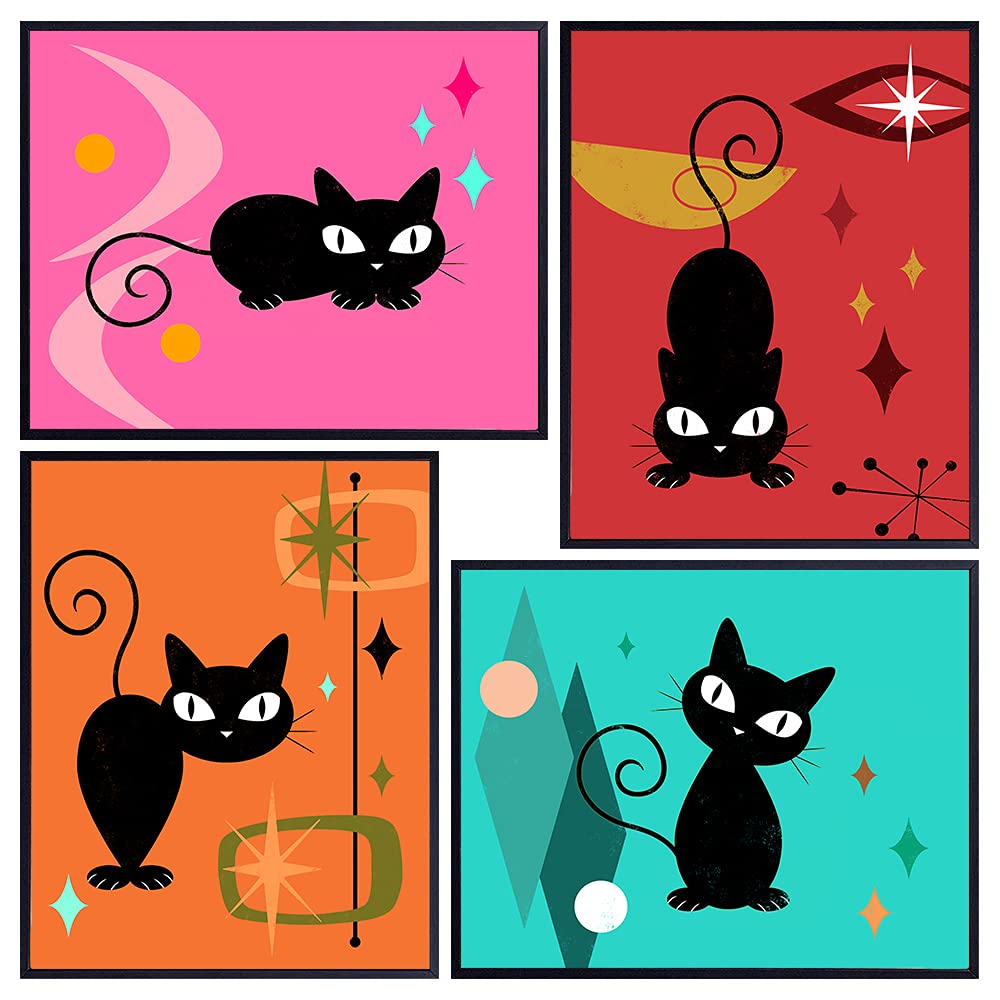 Mid-Century Modern Cats Wall Art - Abstract Art - Kitty Cat - Light Blue Decoration - Minimalist Wall Art &amp; Decor - Black Cat Poster Set for Women, 8x10 - Cat Lady Gifts - Cat Love - Cat Home Decor