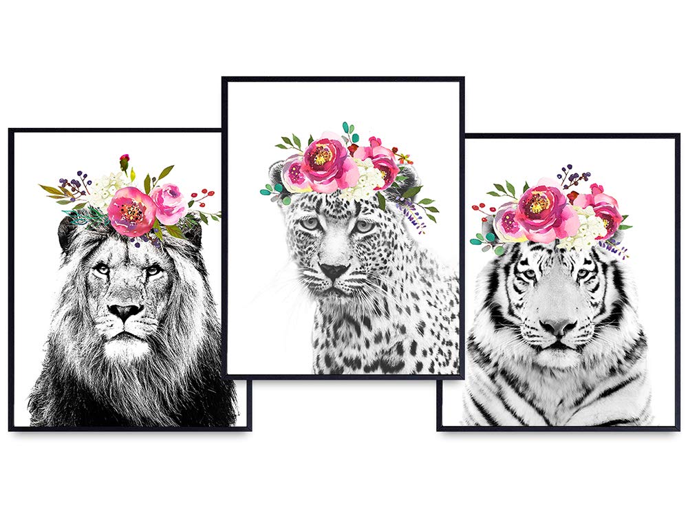 Lion Wall Decor Picture - Tiger Wall Art Poster - Cheetah, Leopard Print Room Decorations - Jungle Animals Home Decor for Women, Girls, Teens or Kids, Living Room, Bedroom, Nursery - Cute Girly Gift