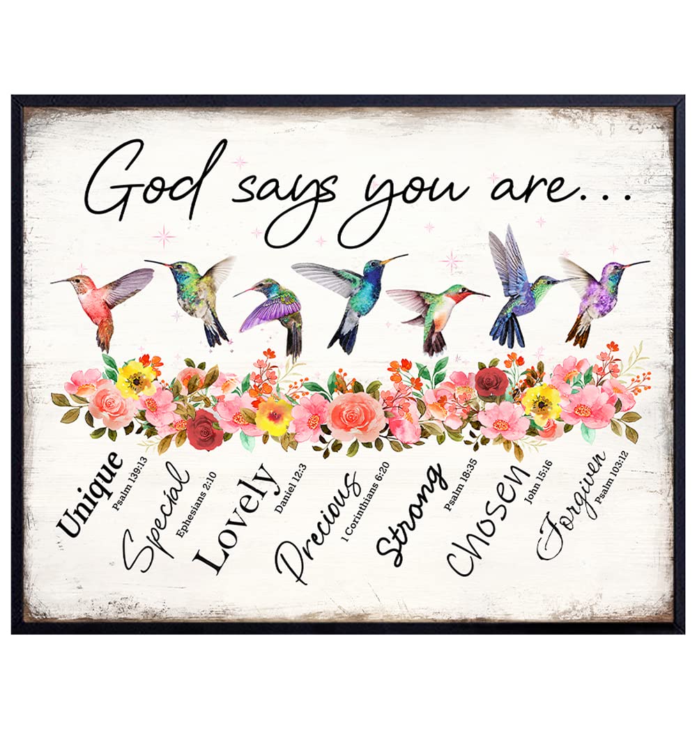 God Says You Are Scripture Shabby chic Poster 8x10 - Christian Bible Verses - Rustic Hummingbirds Wall Art - Inspirational Spiritual Religious Gift for Women Girls Room - Positive Motivational Quotes