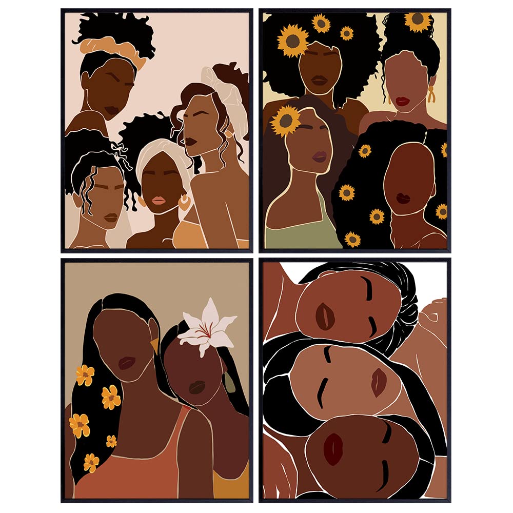 African American Wall Art - Black Wall Art - African American Women, Girls - Black Women Wall Decor Set - Black Women - African Wall Art - Black Culture Gifts - Boho Sunflower - Afro Wall Art