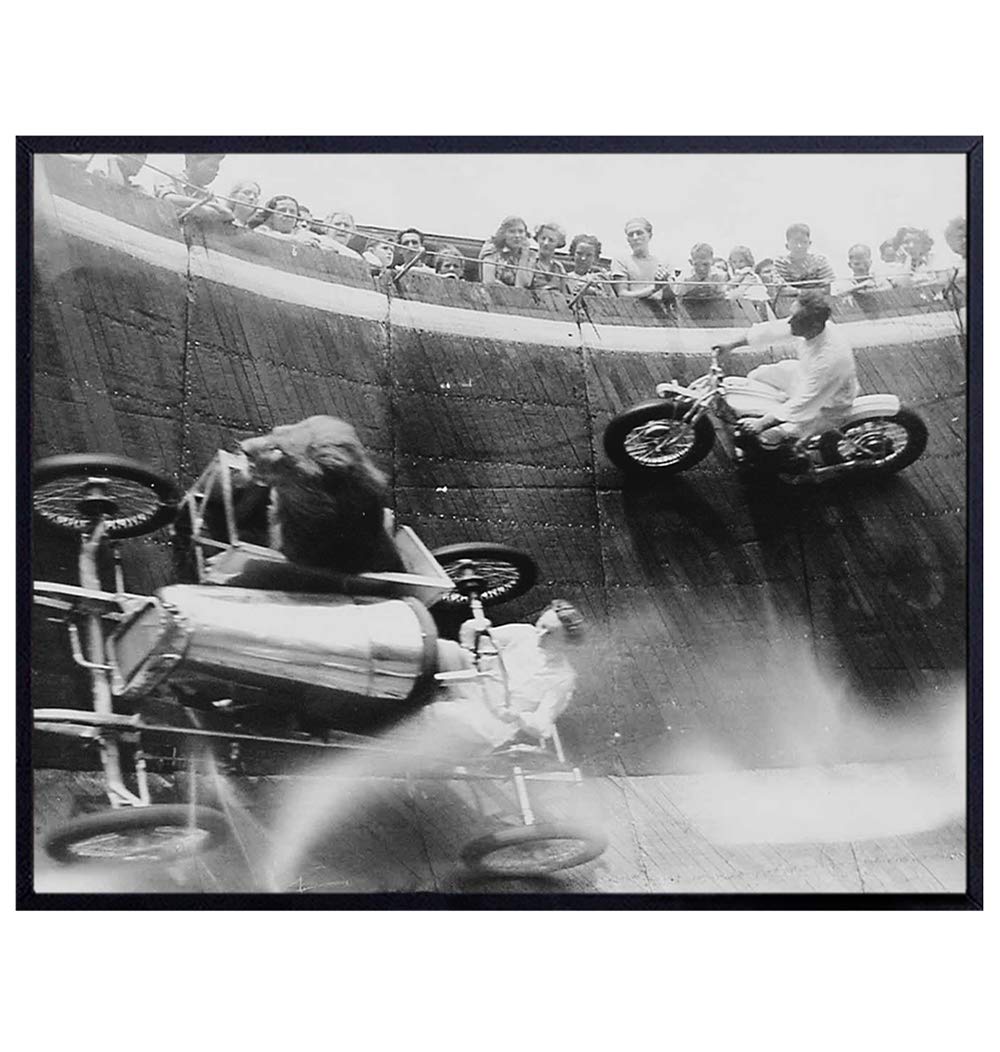 LION Wall Art, Room Decor - Classic Antique Car and Motorcycle Race with Lion in Sidecar - Funny Gift for Men, Big Cat Lovers, NASCAR Auto Racing Fans - Vintage Photo Poster for Man Cave, Garage