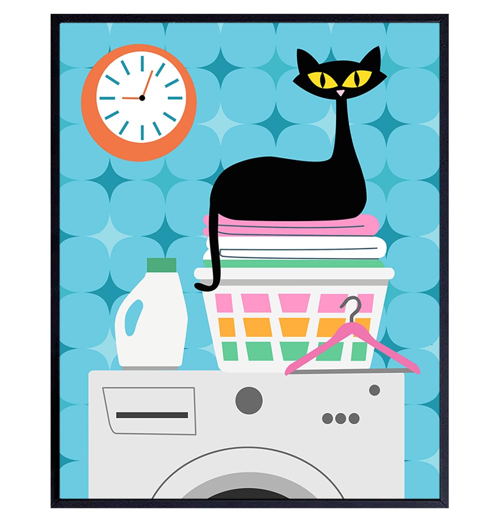 Mid-century modern Laundry room Decor - Cute Cat Wall Art &amp; Decor - Small Laundry room Sign - Blue Minimalist Home Decor - funny Cat Stuff Mid Century Wall Art - Vintage Retro Wall Art- Cat Wall Decor