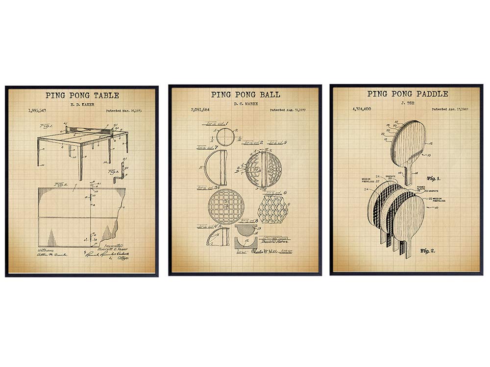 Ping Pong Patent Art Prints - Vintage Wall Art Poster Set - Chic Rustic Home Decor for Bedroom, Living Room, Man Cave, Game, Rec, Family Room, Den, Bar - Gift for Table Tennis Players, 8x10 Photo