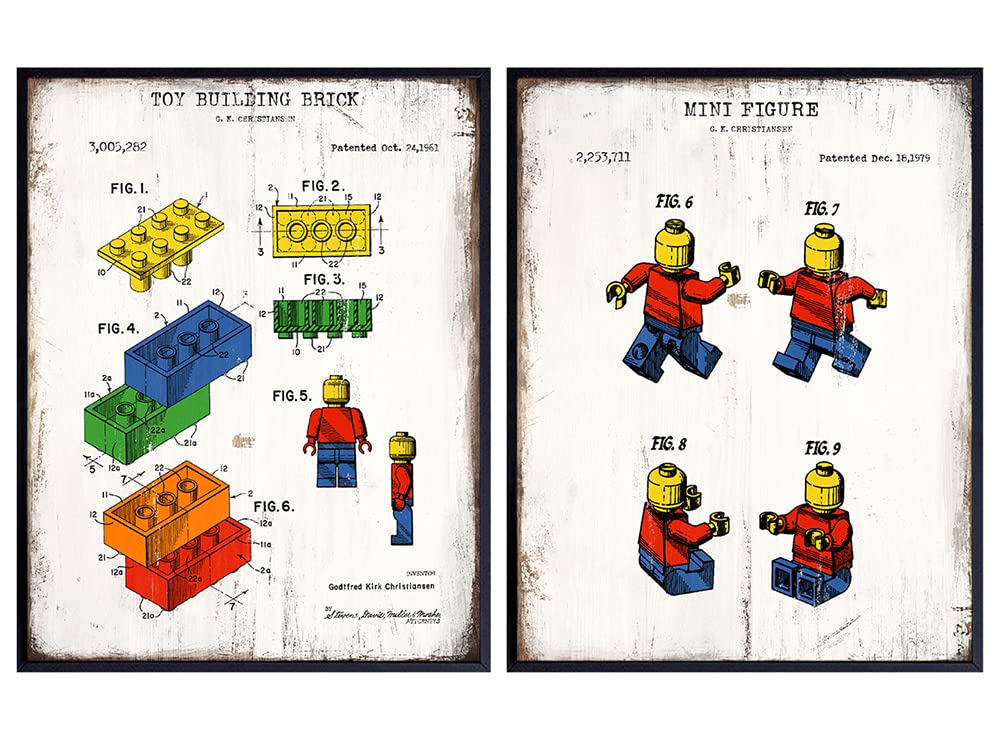 Toy Figures Patent Prints Set - Vintage Wall Art Posters - Original Rustic Home Decor for Boys Room, Kids Room, Playroom, Rec Room, Family Room - Cool Gift for Girls - 8x10 UNFRAMED Photo