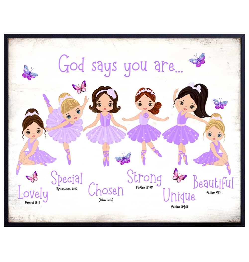Ballet Nursery Religious Wall Art - God Says You Are Bible Verses - Christian Wall Decor - Purple Little Girls Bedroom Toddler Baby Room decoration - Daughter Gift - Christianity Religion Poster