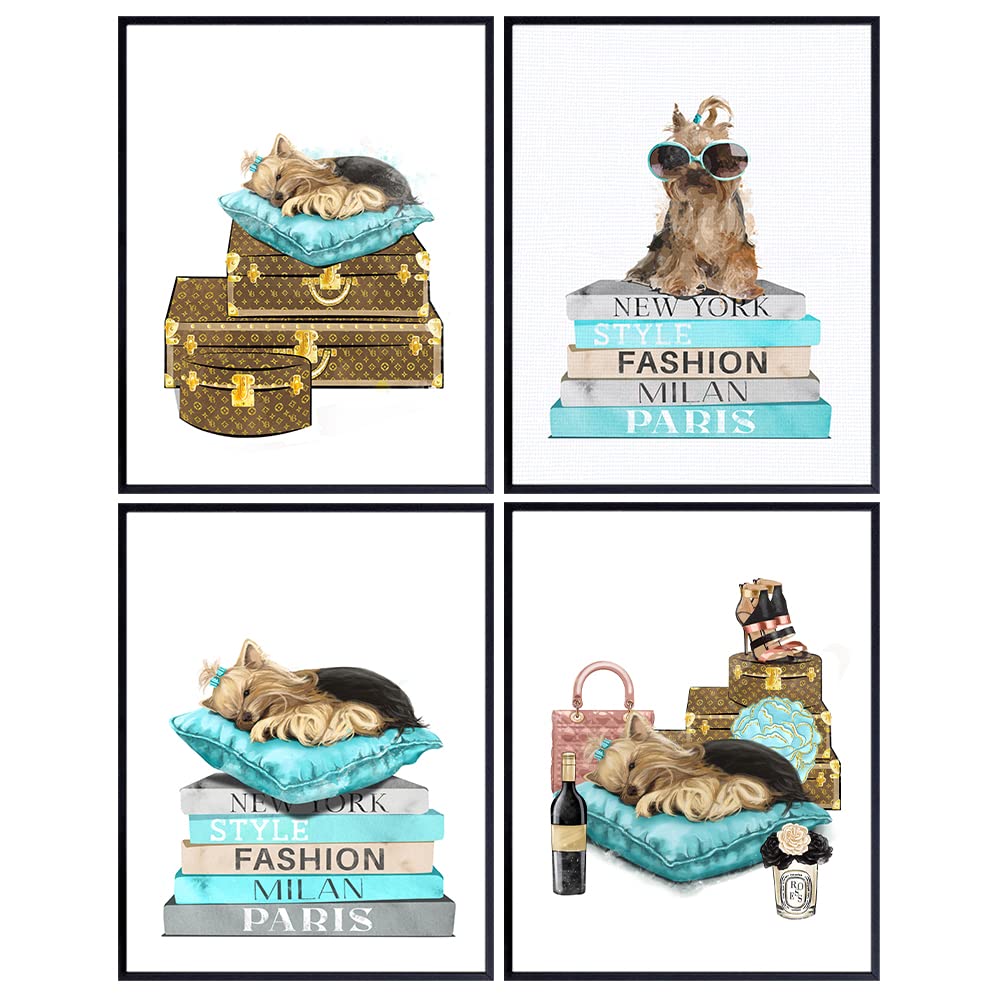 High Fashion Glam Wall Art - Luxury Designer Haute couture Blue Room Home Decor - Yorkie Yorkshire Terrier Home decoration - Cute Dog Lover Gift for Woman Girl Teens - Puppy Decor