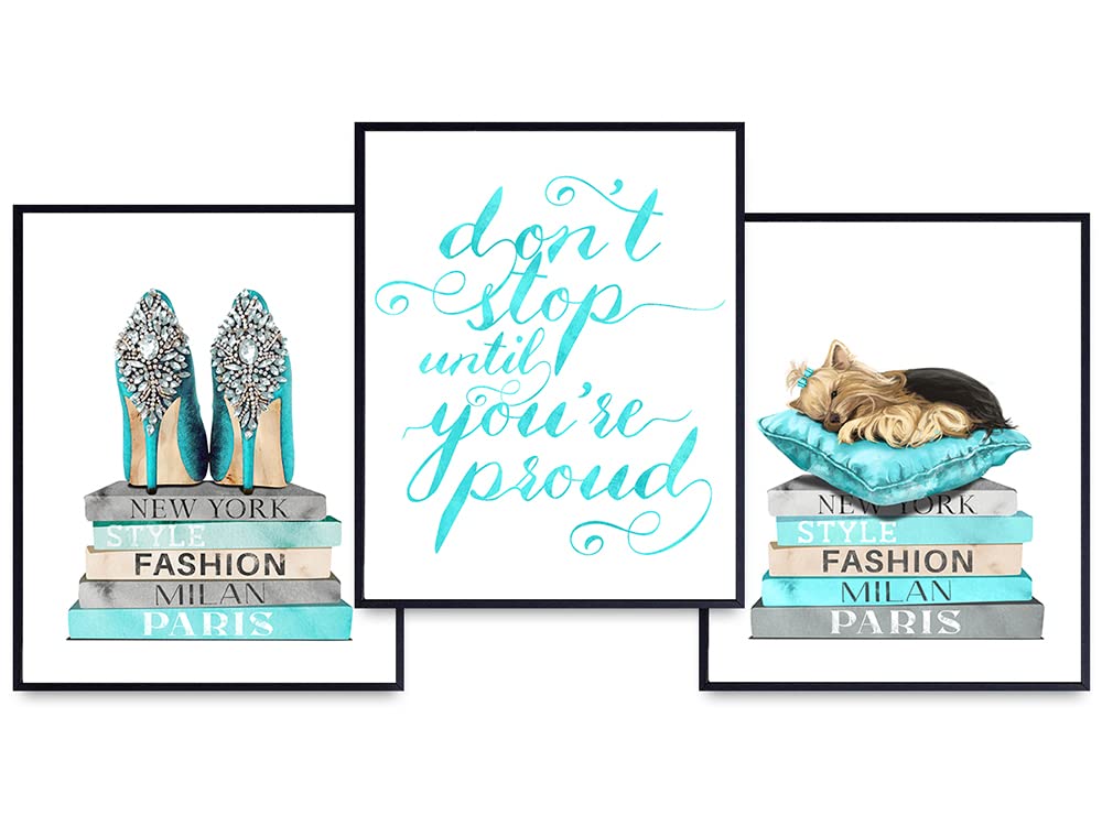 Positive Quotes Glam Wall Decor - Inspirational Designer Wall Art - Blue Motivational Posters - High Fashion Design Room decoration for Home Office, Bedroom - Encouragement Gifts for Women