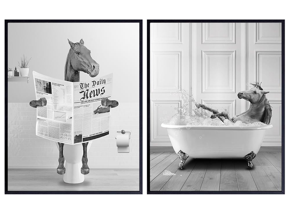 Bathroom Wall Decor Set - Horse Wall Art - Country Farmhouse Bathroom Decor Accessories - Cute Funny Bathroom Wall Art for Men Women Kids - Bath Wall Art - Restroom Sign - Powder room Pictures 8x10