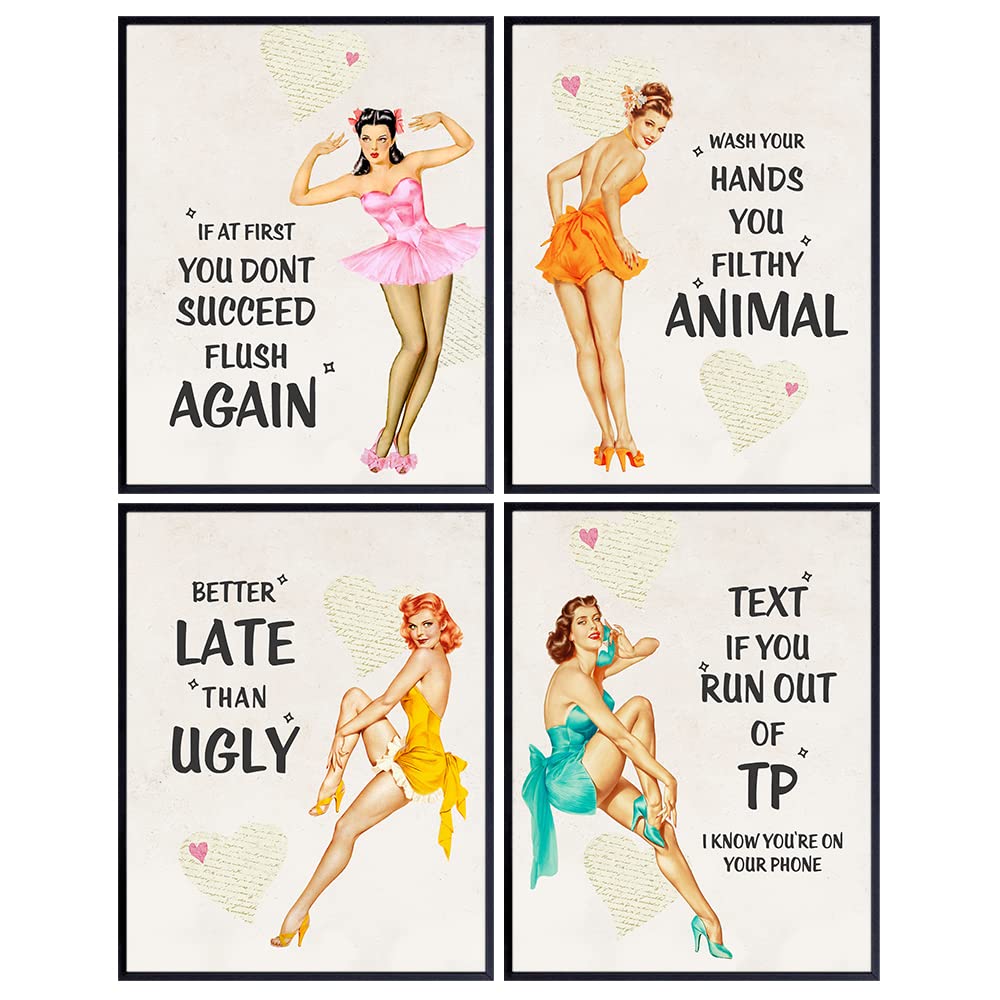 Pinup Girl Vintage Bathroom Wall Decor - Pin Up Wall Art - Funny Bathroom Quotes - Wash Your Hands You Filthy Animal Sign - Better Late Than Ugly - Bath Wall Decor - Restroom Decorations - 4 Print Set