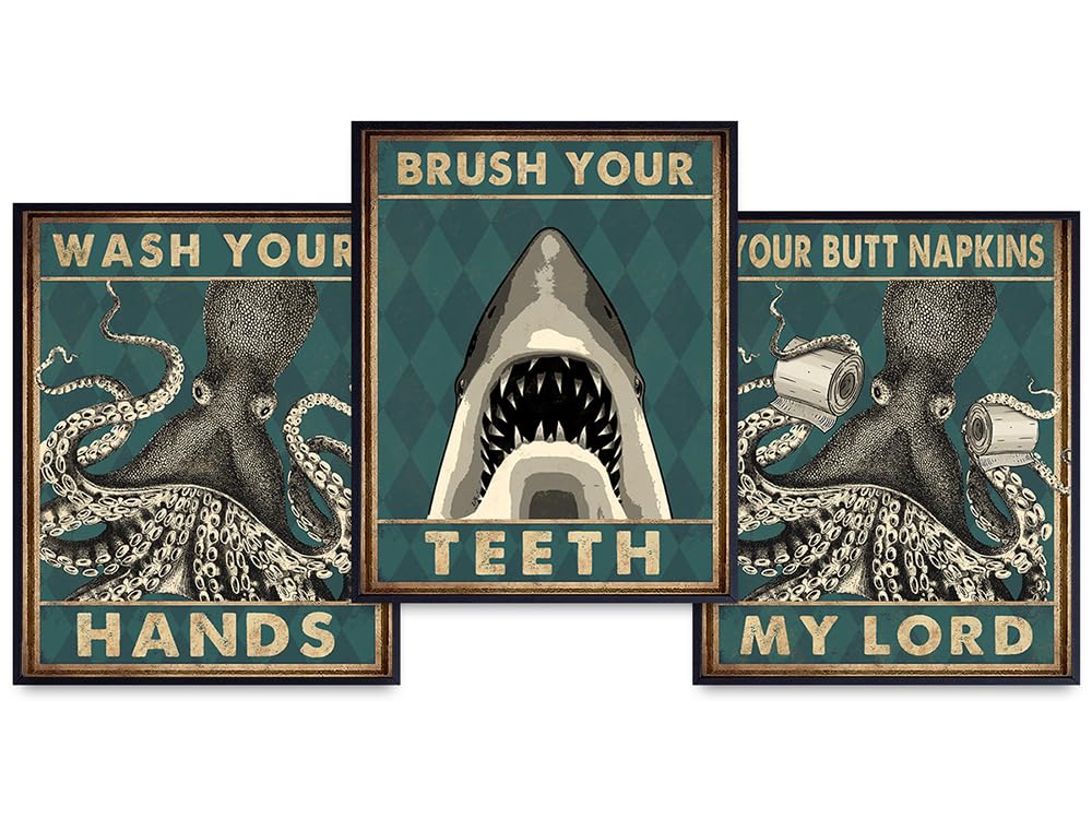 Octopus Decor Shark Wall Decor - Wash Your Hands, Brush Your Teeth Kids Bathroom Decor - Ocean Beach nautical Decor - Green Bathroom Decor Wall Art - Bathroom Sets for Boys - funny Bathroom Decor