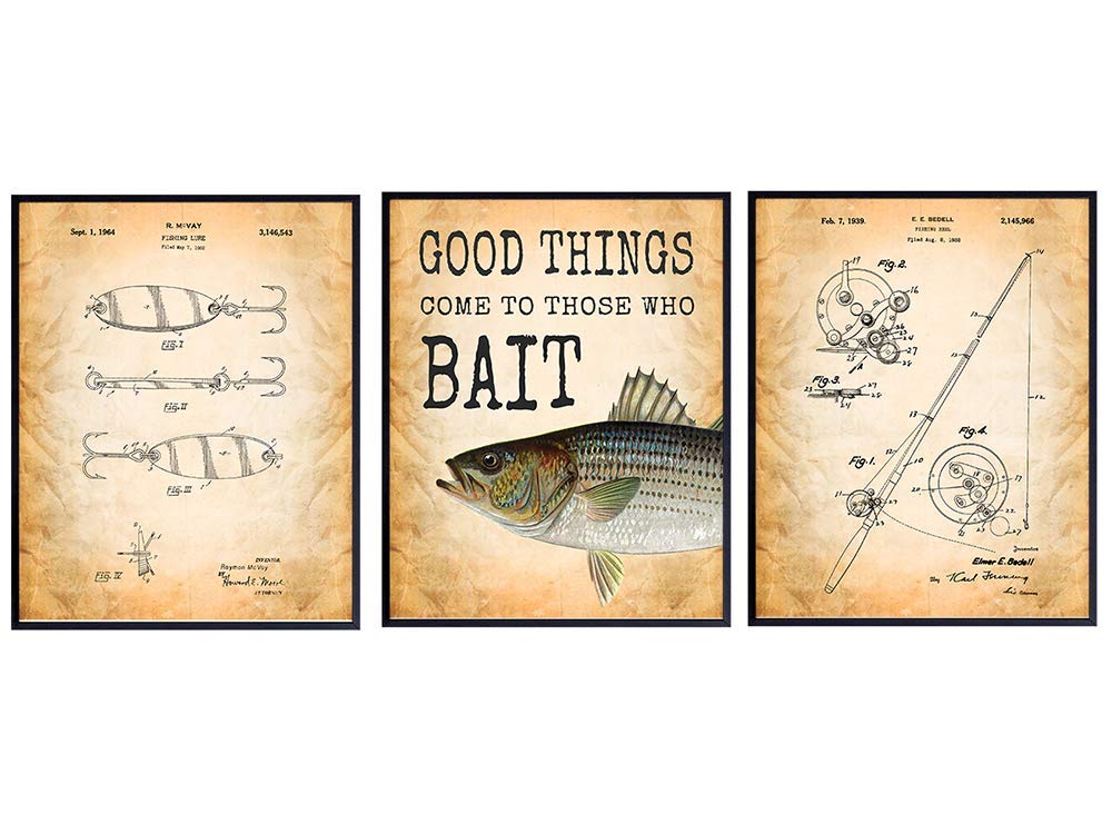 Fish Wall Decor - Lake House Decor for the Home - Fishing Lures, Rod Patent Wall Art - Bass Fishing Beach House Decor - Gift for Fisherman - Cabin Decorations - 8x10 UNFRAMED Poster Picture Set