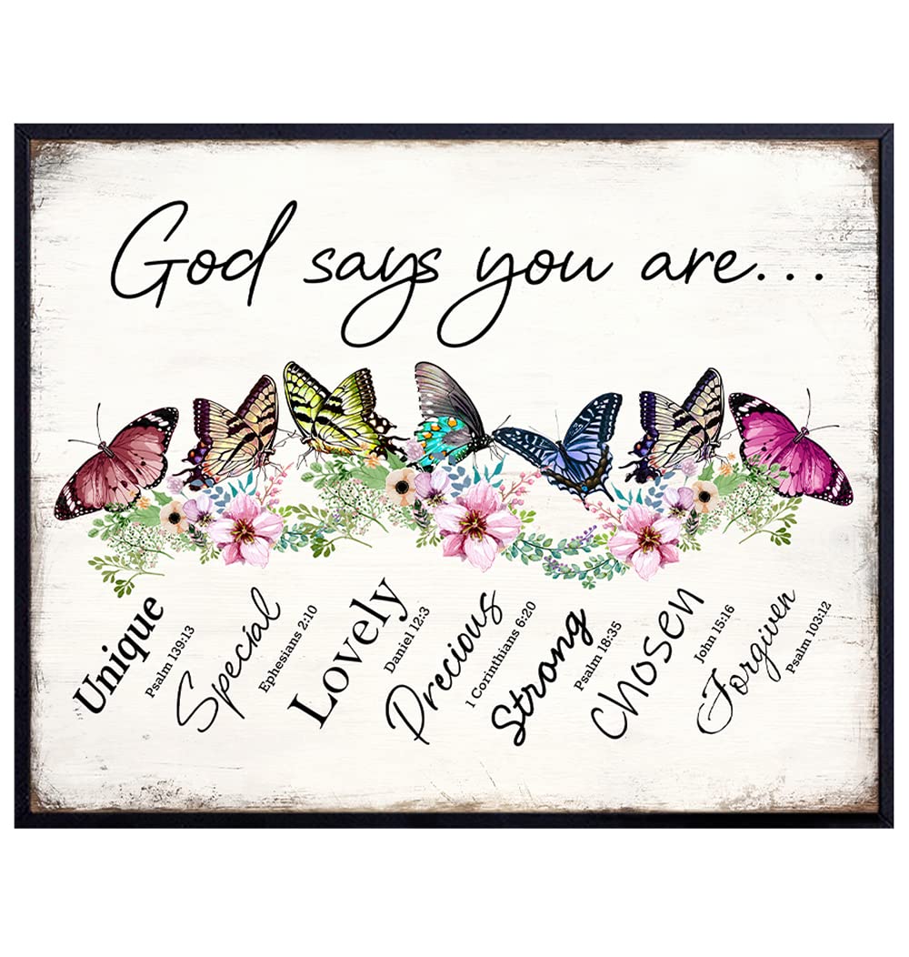 Christian Wall Decor Print - God Says You Are Religious Wall Art - Butterfly Wall Decor - Christian Gifts for Women, Girls - Family Wall Decor - Scripture Wall Art - Inspirational Bible Verses 8x10
