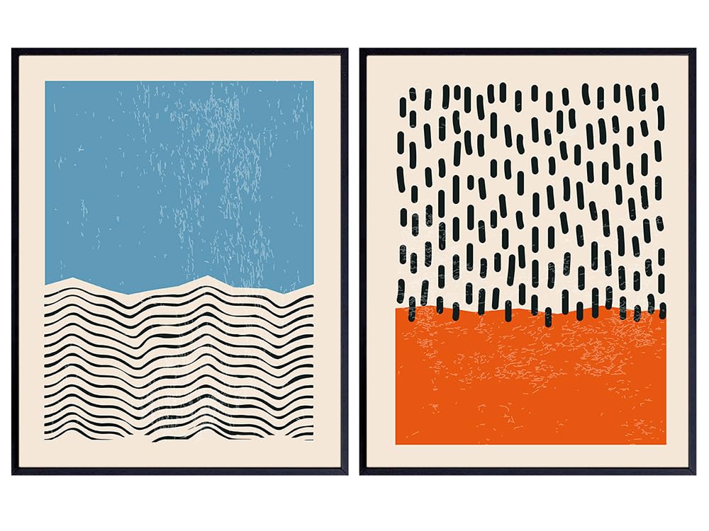 Boho-chic Minimalist Abstract art - Geometric Shapes Mid-century modern Wall Decor for Women - Contemporary Gallery Wall Art Set - Orange Black and Blue Line art for Bedroom, Bathroom, Kitchen, Home