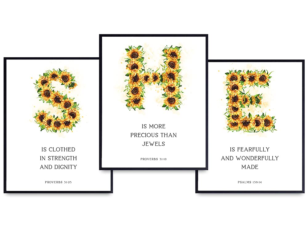 She Is Clothed With Strength And Dignity - Fearfully And Wonderfully Made - Religious Wall Art - Proverbs 31 - Christian Gifts for Women - Sunflower Wall Decor - She Is More Precious Than Jewels