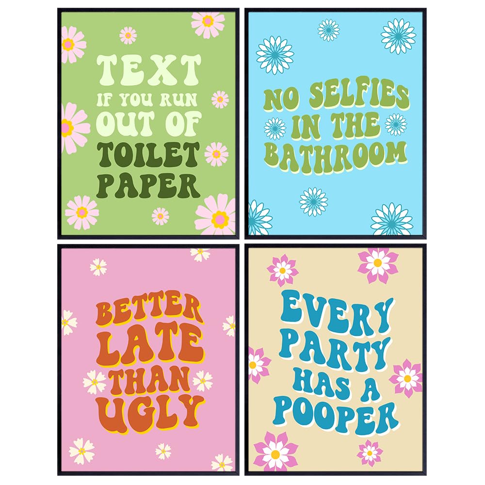 60s 70s Vintage Bathroom Decor - Cute Bathroom Pictures - Small Bathroom Wall Art - Funny Quotes Wall Decor Poster Set - Hippie Bathroom Decor Aesthetic - Retro style Preppy Room Decor - Restroom Sign