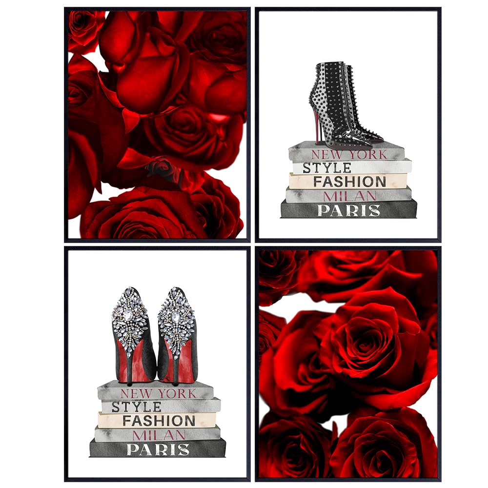 Luxury Design Wall Art 11x14 - High Fashion Glamour Art Print Set - Red Roses, Books, Shoes - Aesthetic Bedroom Decor for Women, Girls - Fashion Gifts for Women - Glam Living Room Decor - Unframed