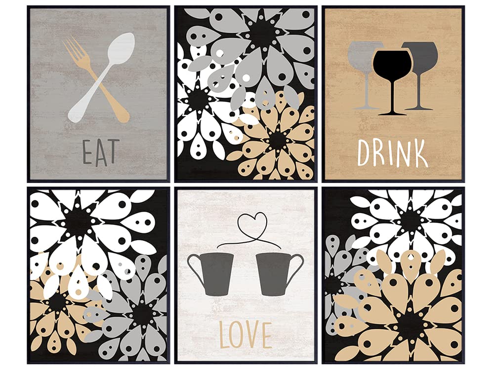 Eat Drink Love Dining Room Decor - Contemporary Kitchen Wall Art Prints for Cafe, Restaurant, Home Apartment - Floral Housewarming Gift - 8x10 UNFRAMED Picture Poster Set - Wine, Coffee