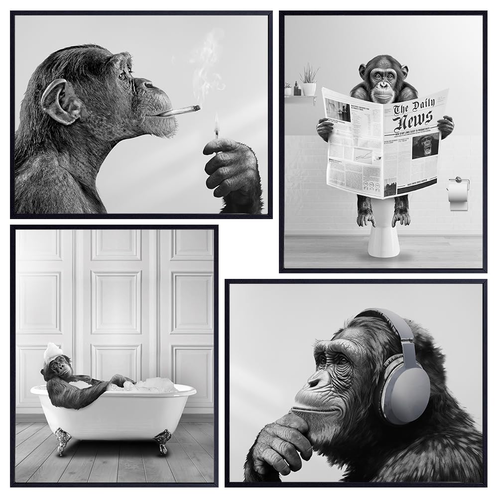 Monkey Wall Art for Bathroom - funny Wall Decor for Men, Teens, College Dorm Room Decor - Chimp Smoking Weed Posters for Men, Women, Man cave, Bedroom - Monkey Music Wall Art - funny Art Bathroom Set