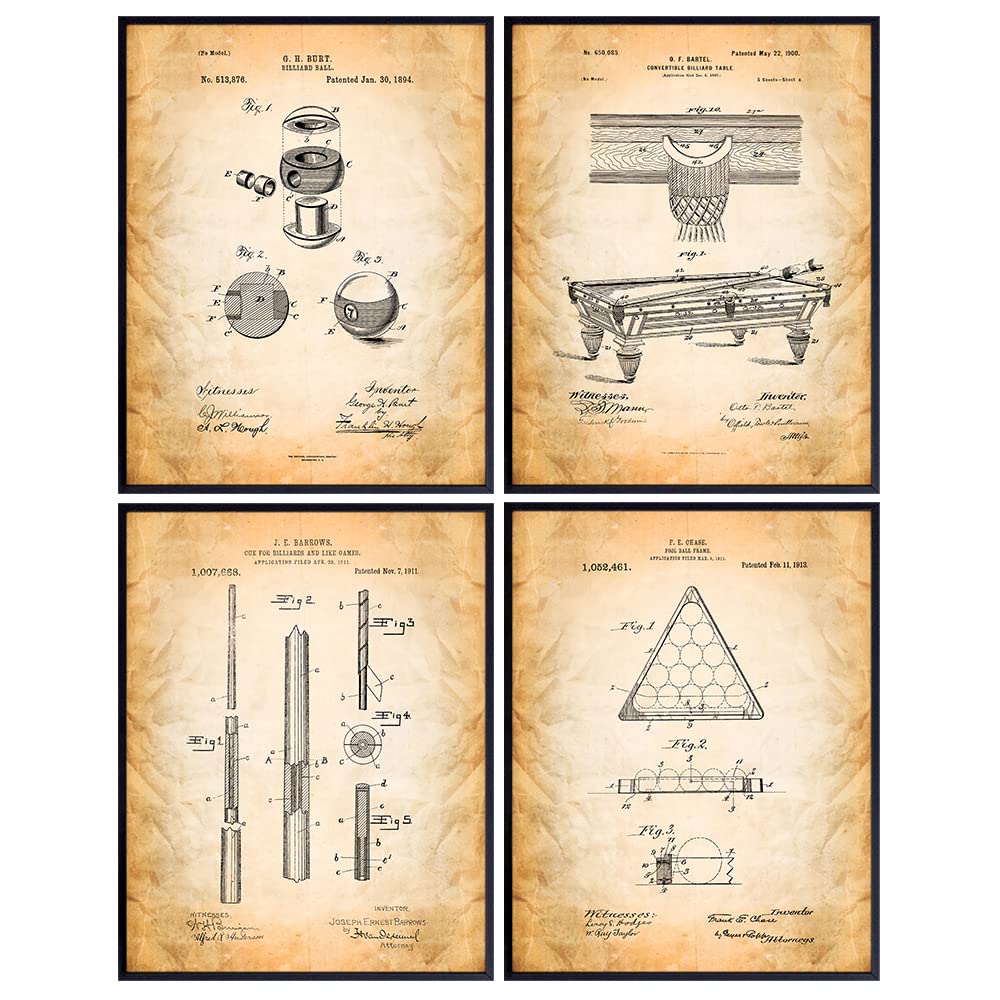 Billiards Patent Art Prints - Vintage Retro Wall Art Poster Set - Chic Modern Home Decor for Game Room, Man Cave, Bar, Den, Office - Great Gift for Men, Pool Players - 8x10 Photo - Unframed