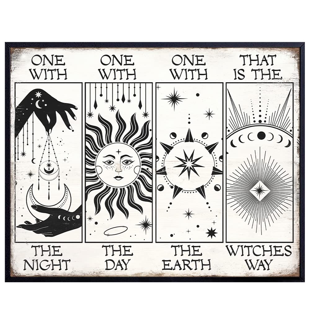 Wicca Grimoire Witchcraft Wall Art - Sun Moon Celestial Witch Halloween Wall Art &amp; Decor Poster - Celtic Woman Goddess Decor - Black magic Home Decor - Sabbat Witchy Wiccan Supplies - Pagan Gift 8x10