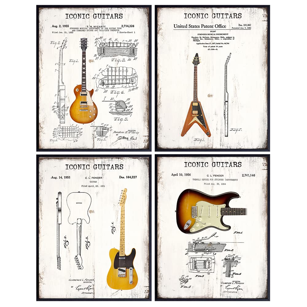 Guitar Wall Art - Iconic Vintage - Patent Print Poster Set- Gift for Music Fan, Musician, Guitar Player, Men - Room Decor for Teens Bedroom -8x10 Set