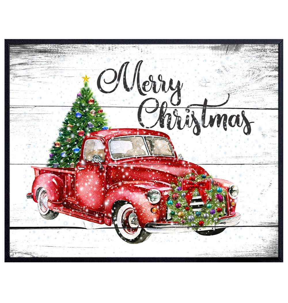 Shabby Chic Farmhouse Christmas Decorations Wall Art Print - Rustic Country Vintage Style Poster Makes a Great Secret Santa, Grab Bag Holiday Gift- 8x10 Unframed Photo