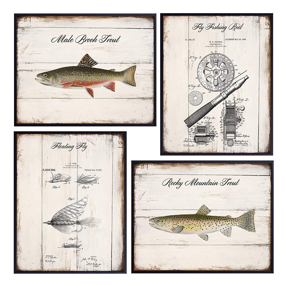 Trout and Fly Fishing Patent Wall Art - 8x10 Sign Photo Print Pictures - Rustic Shabby Chic Vintage Home Decor, Room Decoration for Beach or Lake House - Gift for Fisherman, Fishermen, Angler