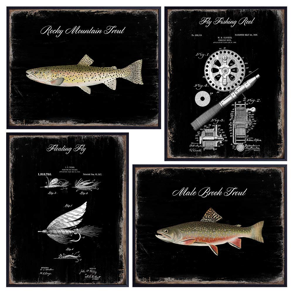 Fish Wall Decor - Rustic Trout and Fly Fishing Patent Art - Vintage Photo Sign Plaque Poster Picture Set - Farmhouse Home Decor, Room Decoration for Beach or Lake House - Gift for Fisherman - Unframed