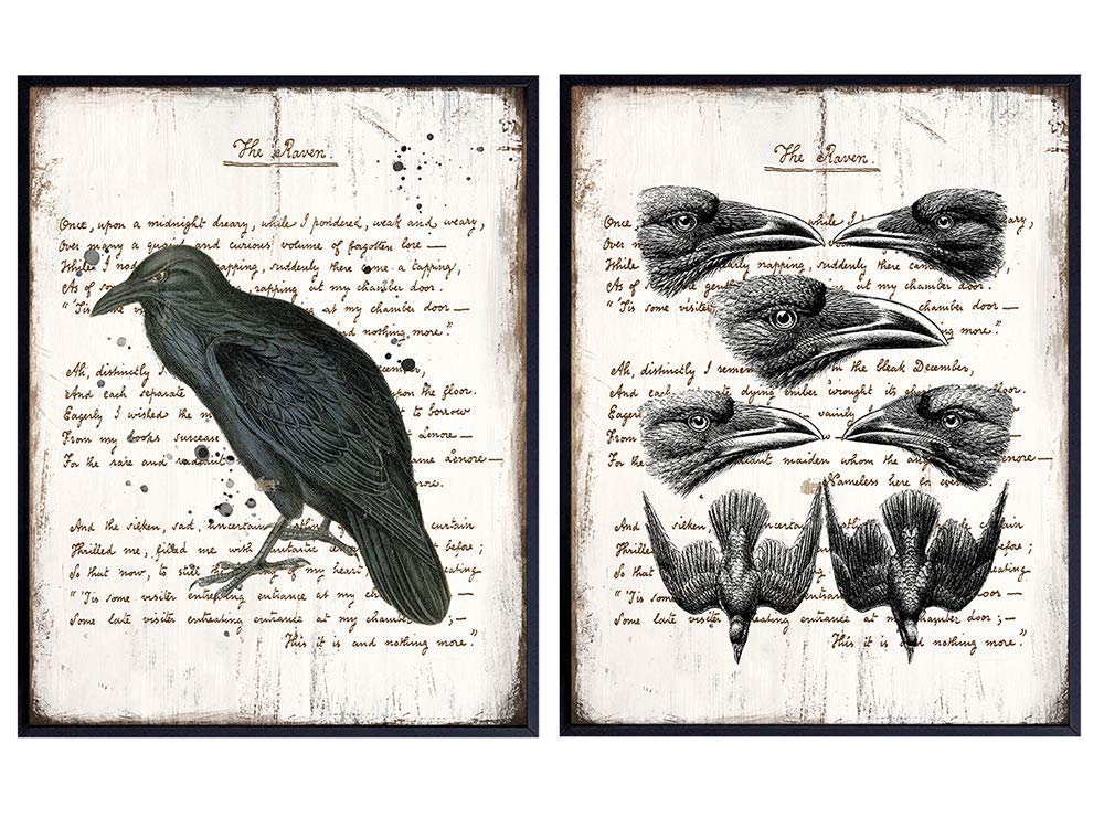 Edgar Allan Poe, The Raven Poem - Vintage Rustic Wall Art Decor Set - Gothic Crows Home Decoration for Bathroom, Living Room, Office, Bedroom - Cool Goth Gift - 8x10 UNFRAMED Poster Set
