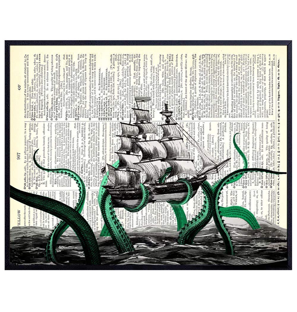 Kraken Octopus Breaking Ship - Dictionary Art - 8x10 Upcycled Home and Wall Decor Poster for Bathroom, Beach or Lake House - Cool Unique Gift for Steampunk Fans - Vintage Unframed Print on Photo Paper