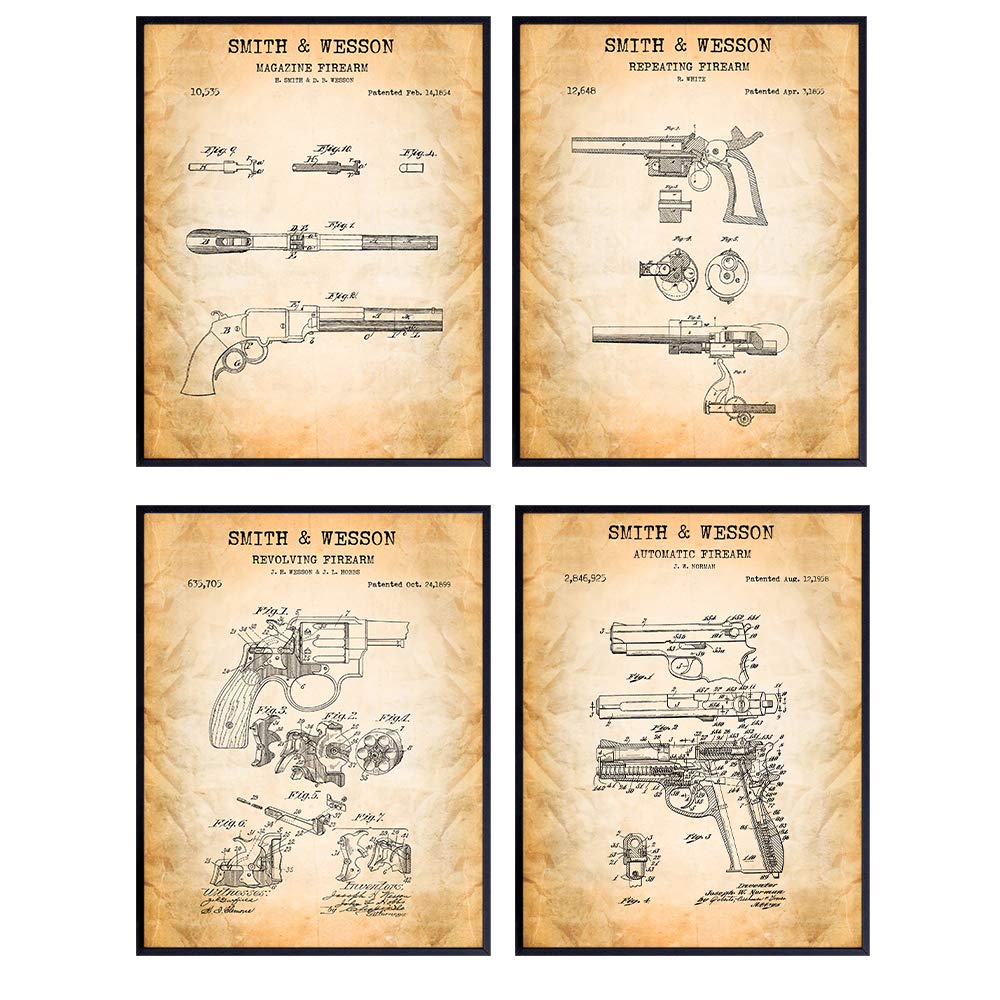 Smith &amp; Wesson Guns Patent Art Prints - Vintage Wall Art Poster Set - Rustic Home Decor for Man Cave, Office, Living, Rec, Game Room, Bar - Gift for Handgun, Firearms, 2nd Amendment, NRA Fans - 8x10