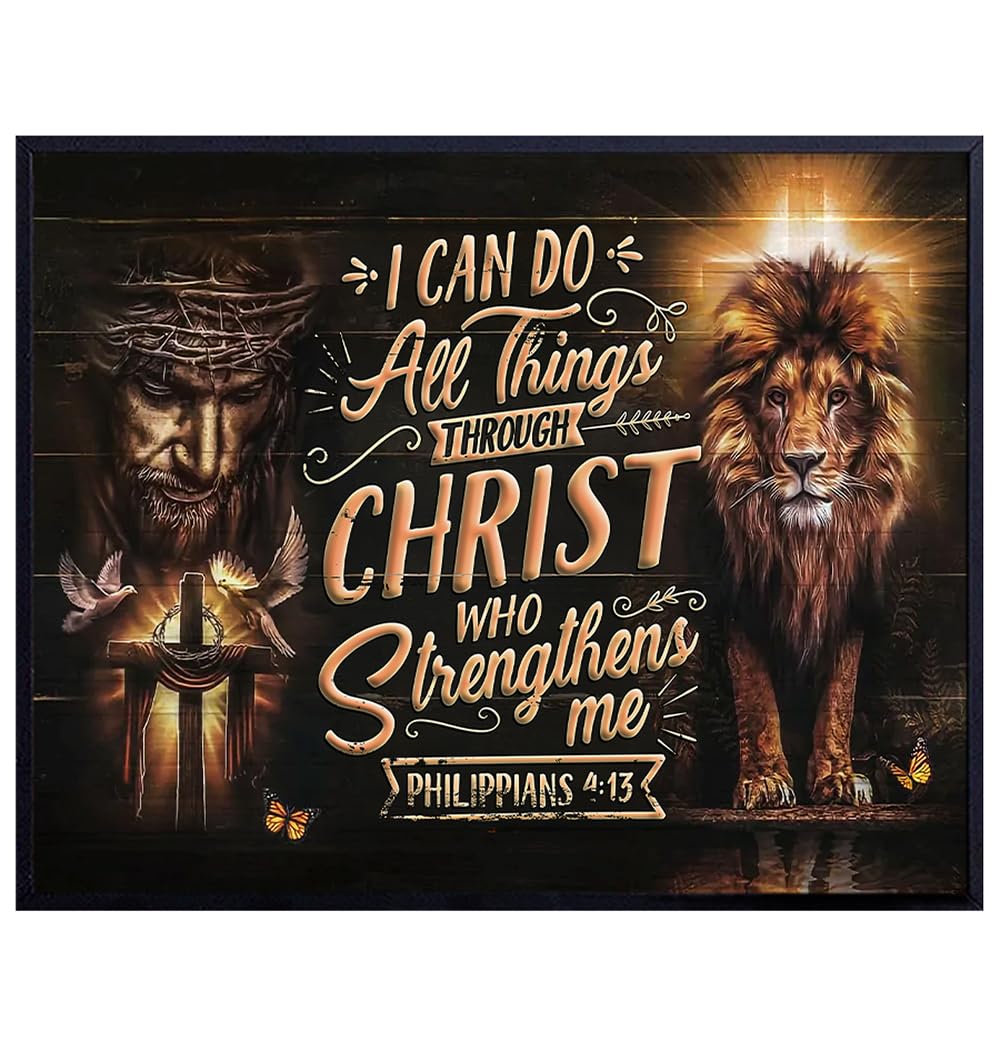 Bible Verse Wall Decor for Men - I Can Do All Things Through Christ Wall Art - inspiring Rustic Scripture Wall Decor - masculine Jesus Posters for Men, Man Cave, Home Office, Gym - Religious Wall Art