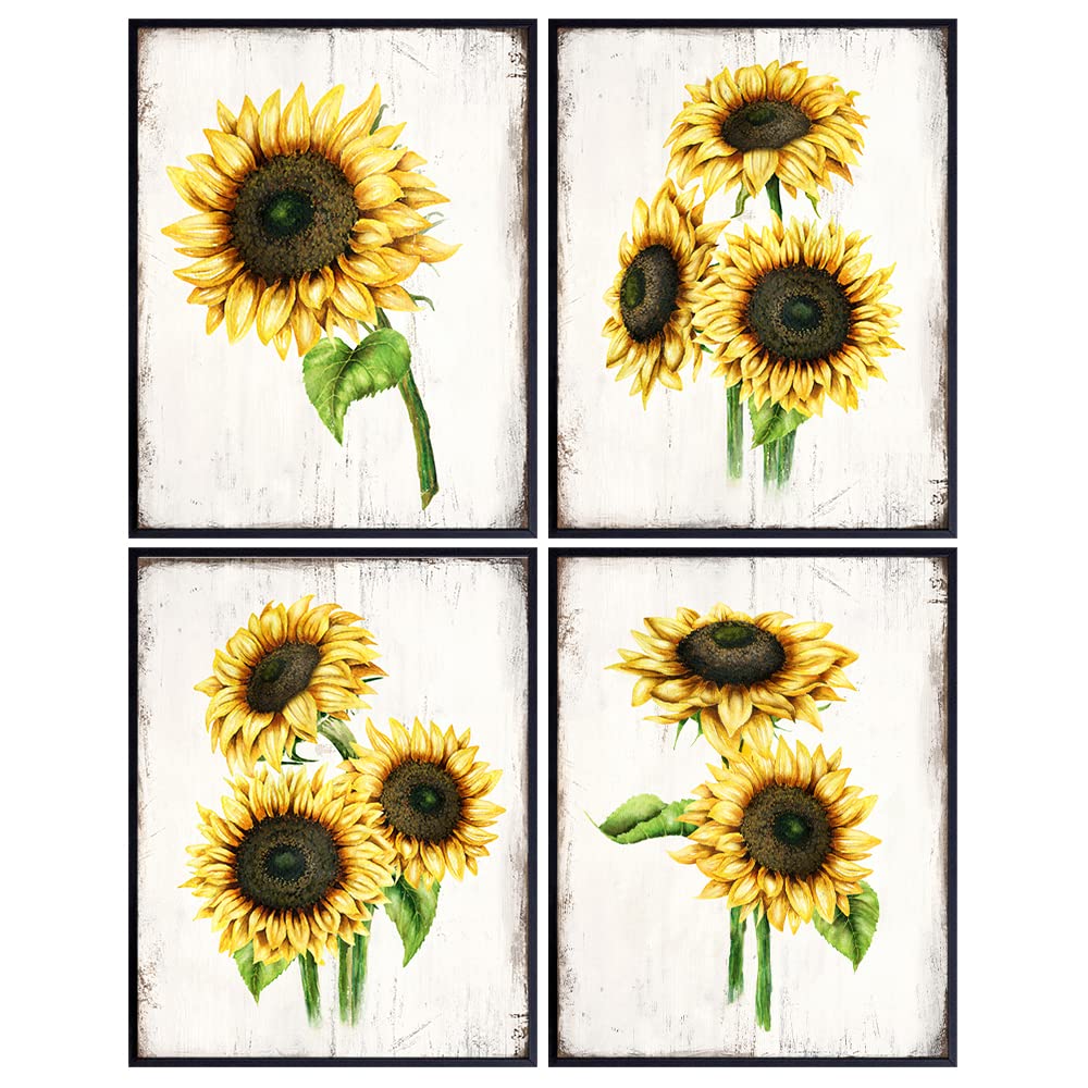 Farmhouse Sunflowers - Rustic Vintage Home Decor, Wall Art, Room Decoration for Kitchen, Dining Room, Bedroom, Bathroom, Apartment - Boho Country Housewarming Gift for Women - Yellow Green Picture Set