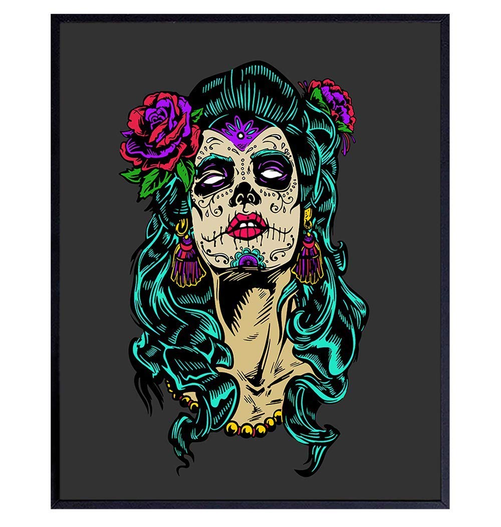 Mexican Wall Art Decor - Sugar Skull Decor - Day of the Dead Mexican Wall Decor - Gothic Home Decor - Goth Room Decor for Halloween - Mexican Folk Art - Unique Gift - Creepy Scary Witch Poster Print