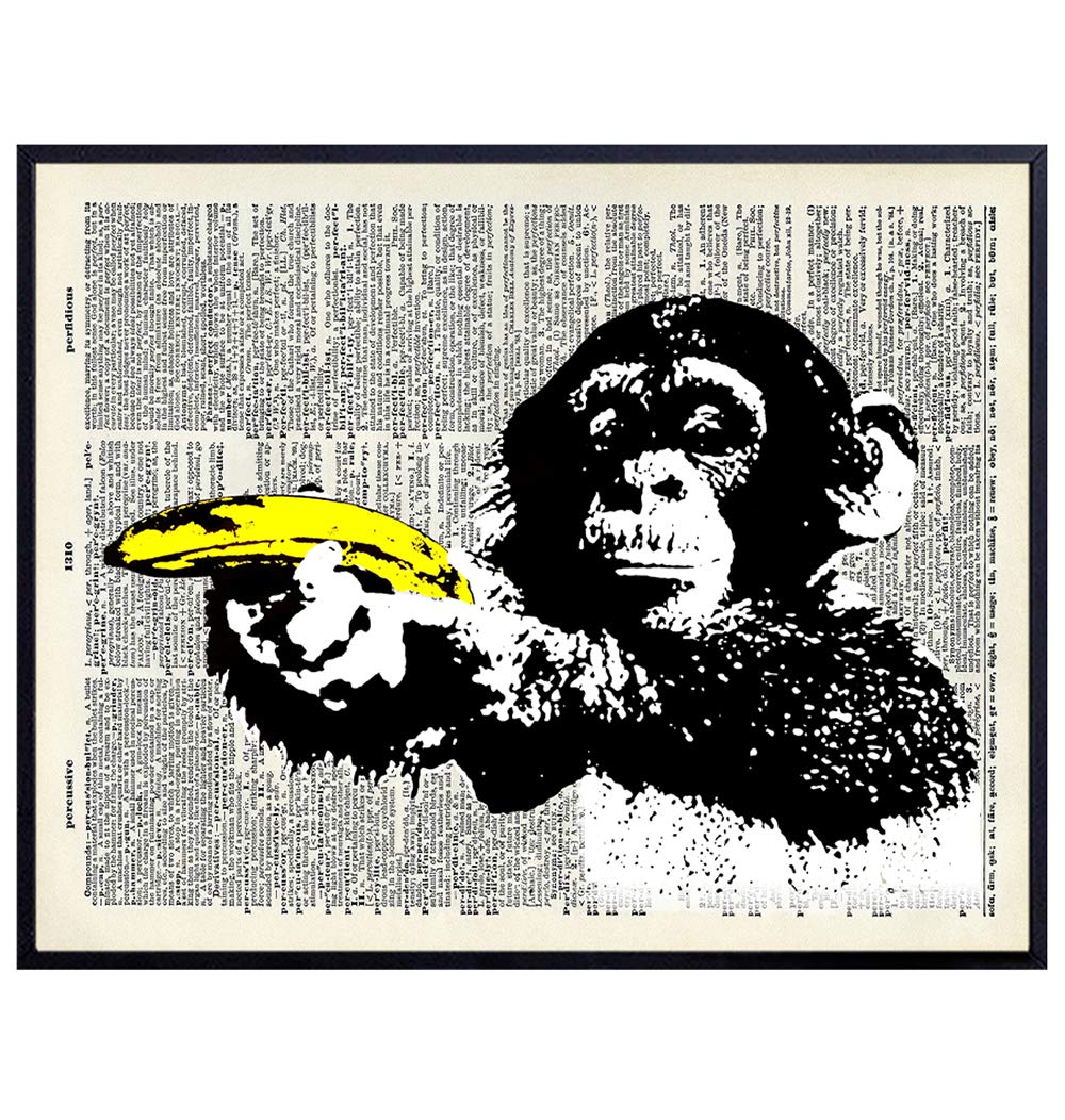 Monkey with Banana Gun - Unframed Dictionary Wall Art Print - Makes a Great Gift for Home Decor, Living Room, Bedroom - Funny - Ready to Frame (8X10) Vintage Photo