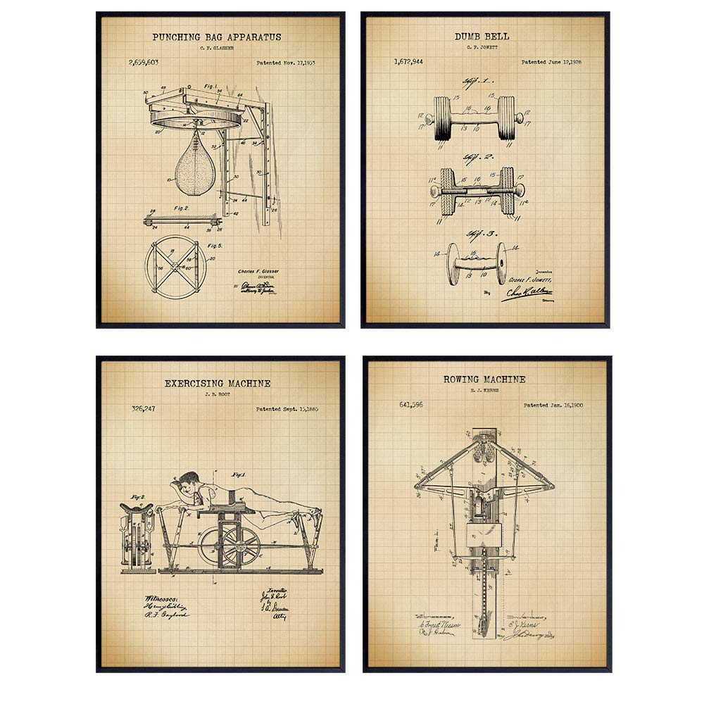 Workout, Athletic Patent Art Prints - Vintage Wall Art Poster Set - Chic Rustic Home Decor for Gym, Man Cave, Office - Gift for Bodybuilding, Weight Lifting, Work Out, Exercise Fans - 8x10 Photo