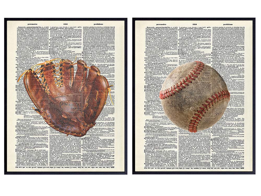 Baseball Wall Art Prints on Dictionary Photo - Set of Two (8x10) Ready to Frame Vintage Photos - Great Gift for Boys and Girls Rooms - Cool Steampunk Home Decor