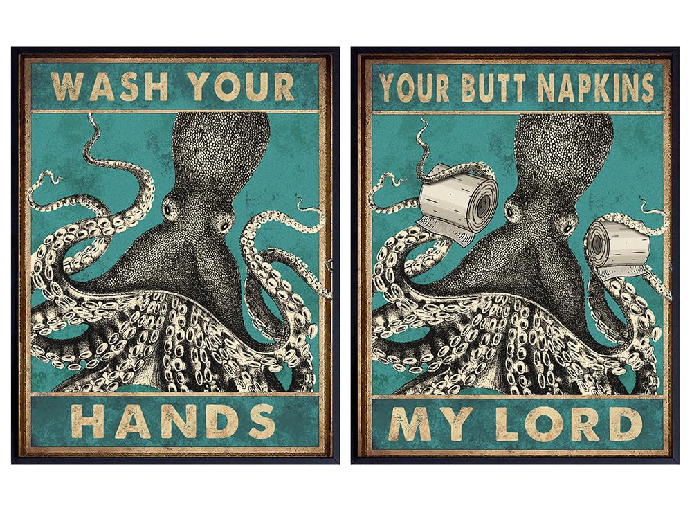 nautical Bathroom Wall Decor - Kids Bathroom Decor - octopus Bathroom Decorations - Beach Bathroom Decor Wall Art for Men - Bath Wall Decor - Funny Bathroom Decor - Butt Napkins Restroom Sign 8x10