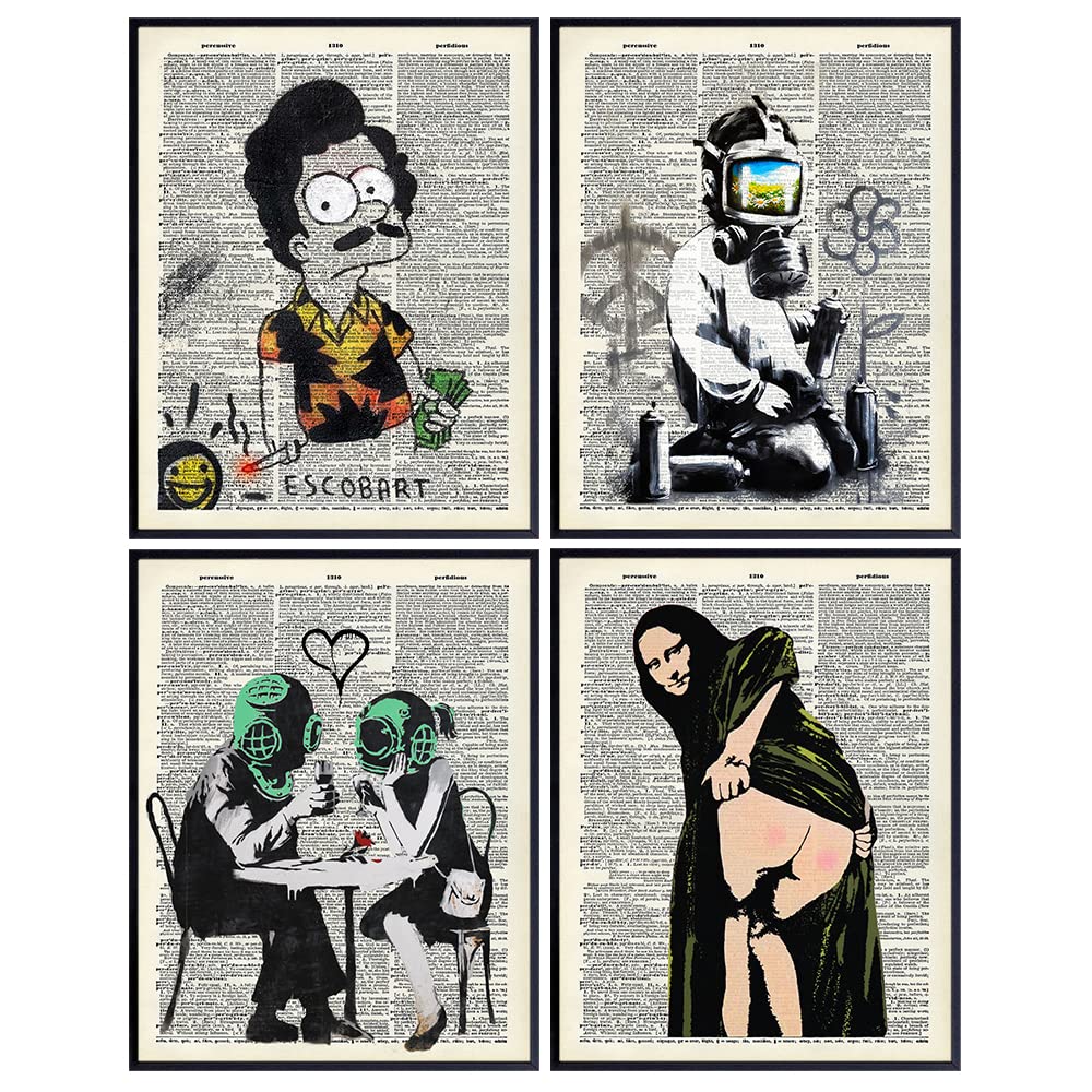 Banksy Wall Art Poster Set - 8x10 Graffiti Street Art Room Decor - Funny Pablo Escobar, Mona Lisa, Scuba, Gas Mask - Cool Unique Home Decoration Picture Prints for Teens Bedroom, Living Room, Dorm