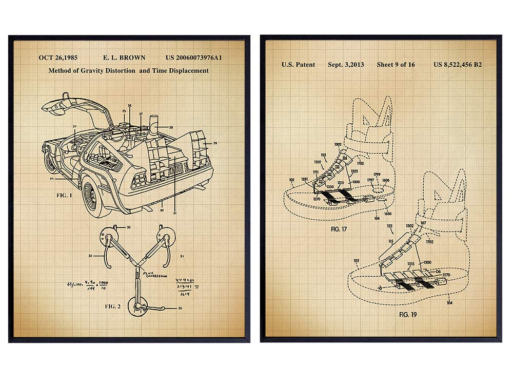 Back Future Car Patent Art Prints, Vintage Marty McFly DeLorean Wall Art Poster Set - Chic Rustic Home Decor for Bedroom, Man Cave, Office, Game, Play Family, Boys, Kids Room - Great Gift, 8x10