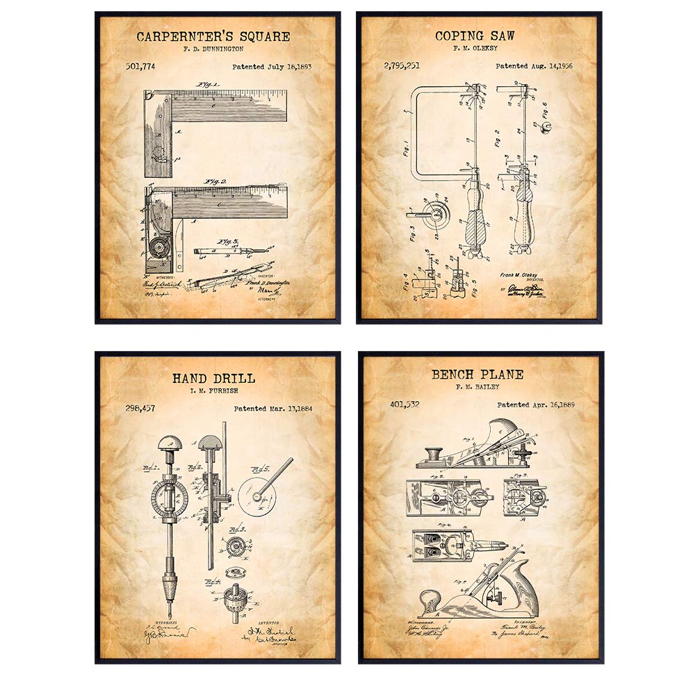 Woodworking Tools Patent Art Prints - Vintage Wall Art Poster Set - Chic Rustic Home Decor for Den, Rec, Game or Family Room, Office, Garage, Man Cave - Gift for Carpenter, Craftsman, -4-8x10 Photos