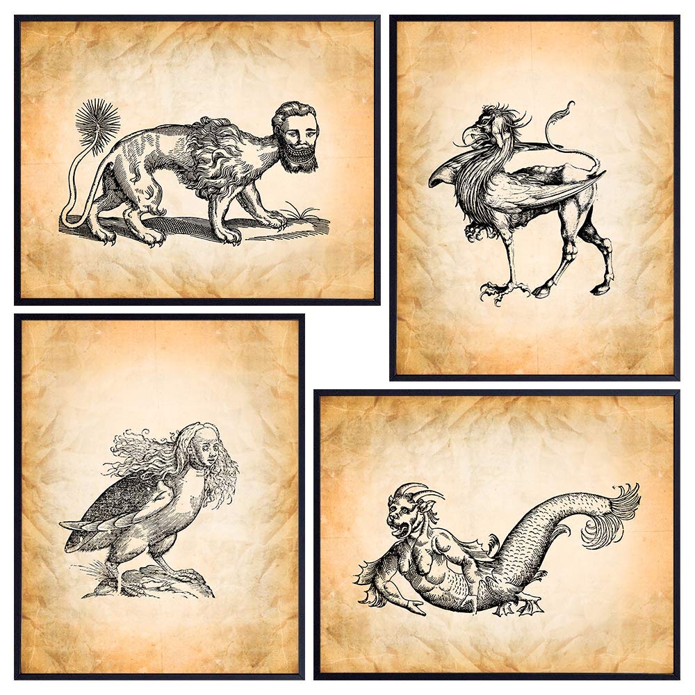 Gothic Goth Monster Wall Art - Rustic Vintage Mythical Creatures Sign Plaque Photos Home Decor - Poster Set for Living Room, Bedroom, Office, Bar - Creepy Gift for Men, Hipster, Steampunk Fan Unframed